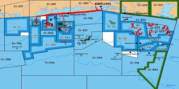 Offshore license-block map showing hydrocarbon micro-seepage points (red/white) localized in GPS coordinates