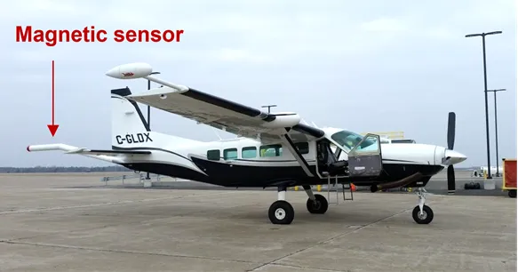 Cessna 208 Caravan equipped with a tail-mounted magnetic sensor stinger designed for airborne geophysical mapping